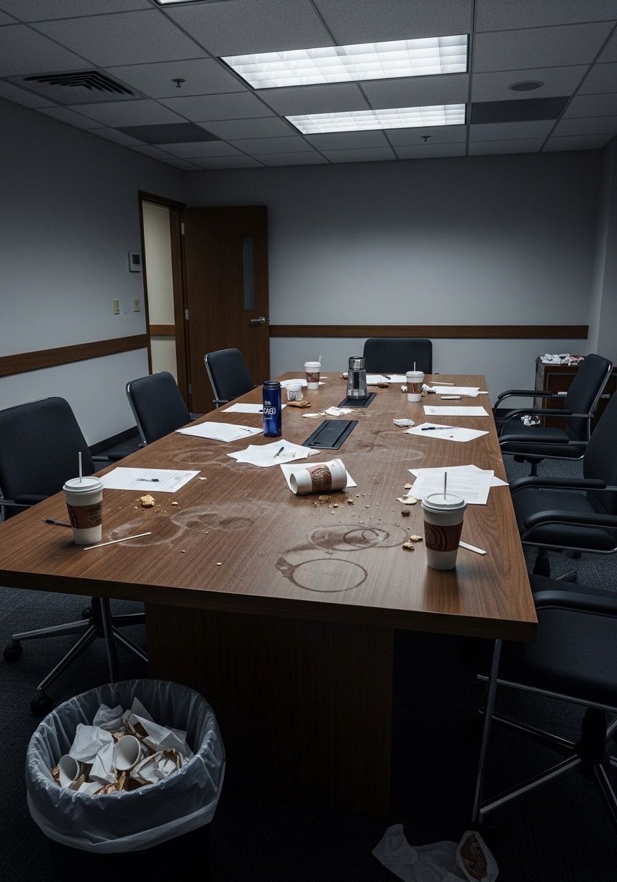 Neglected conference room before a client meeting